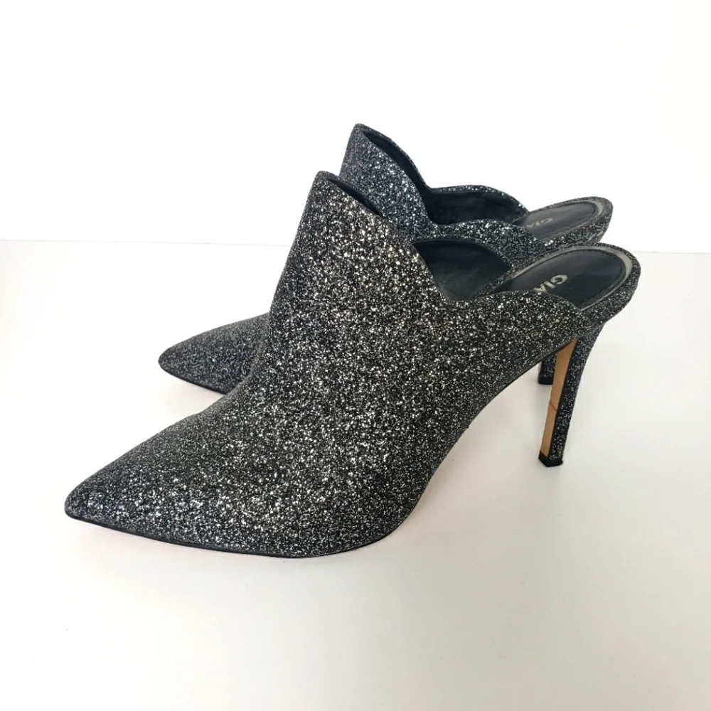 Gianni Bini Black Glitter Pointed-Toe Mule Heels